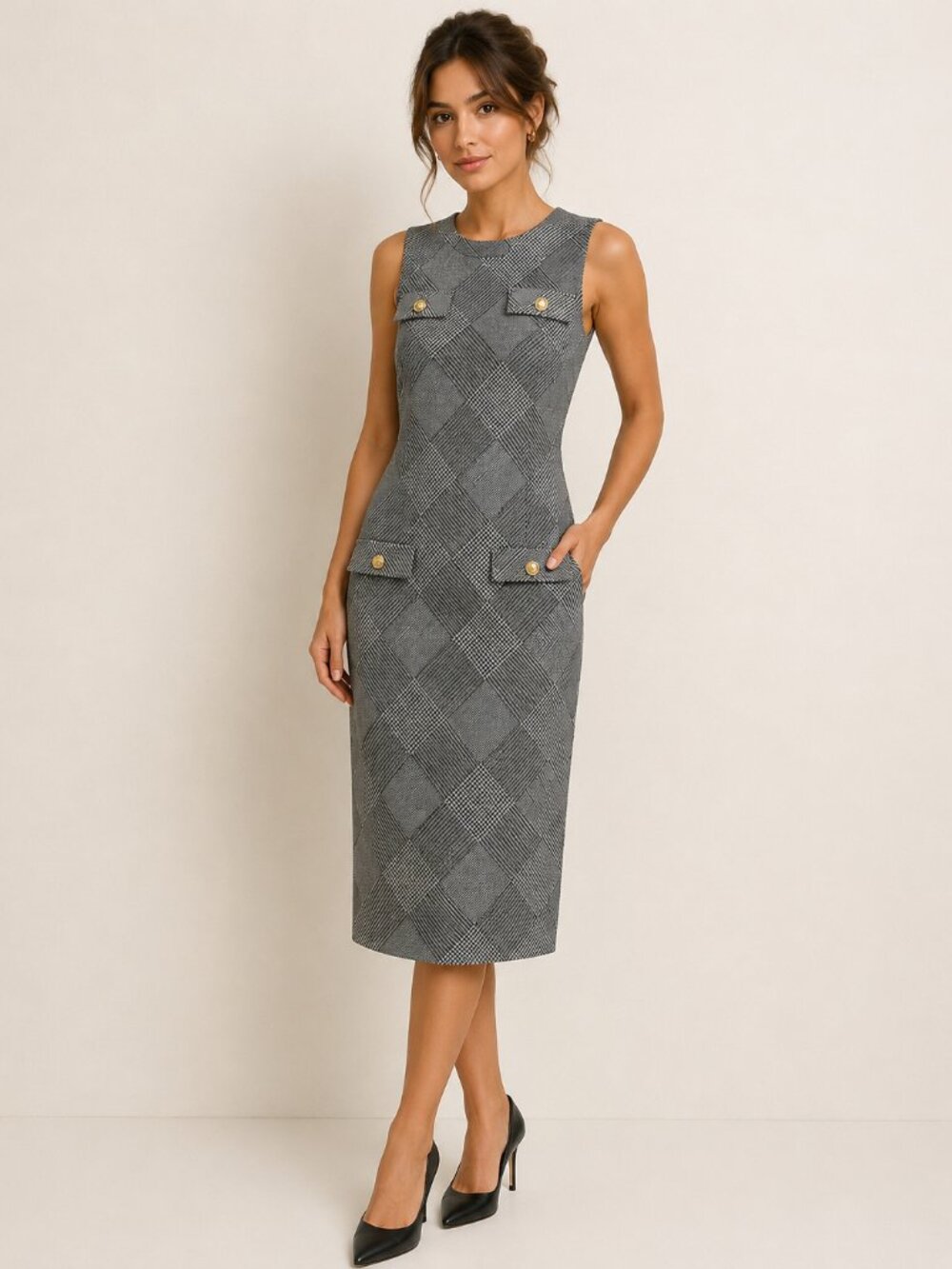 Nicely used: Brand: Tacera black and gray Sleeveless Plaid Dress.
